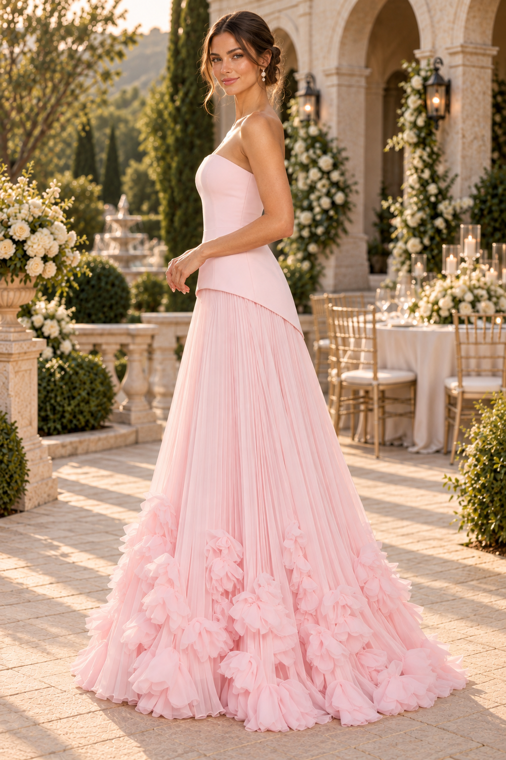 Strapless Pleated A-Line Gown with 3D Florals