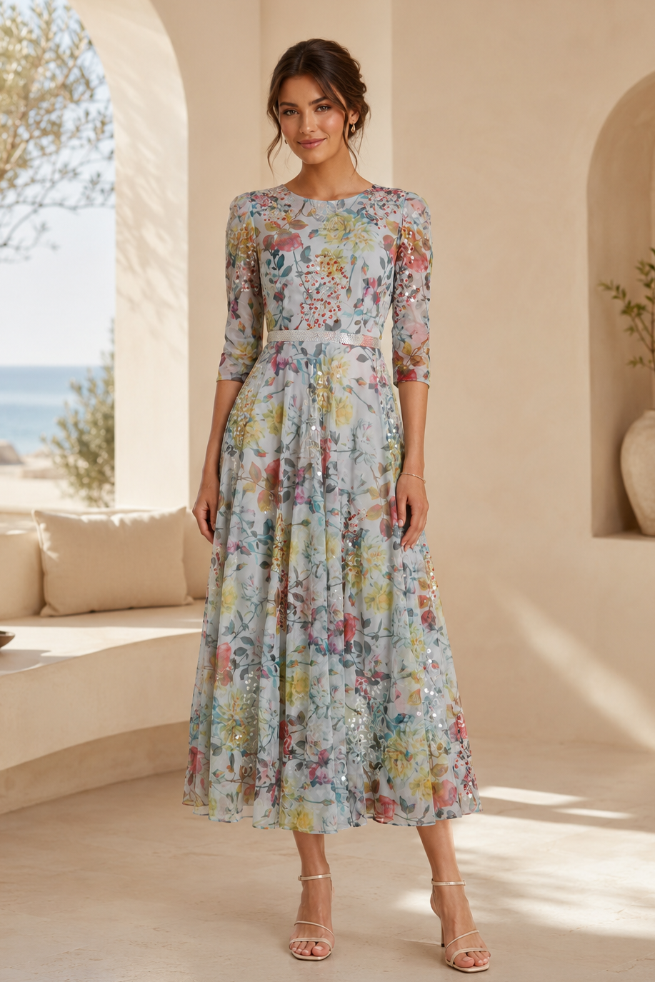 Floral Sequin Midi Dress with 3/4 Sleeves