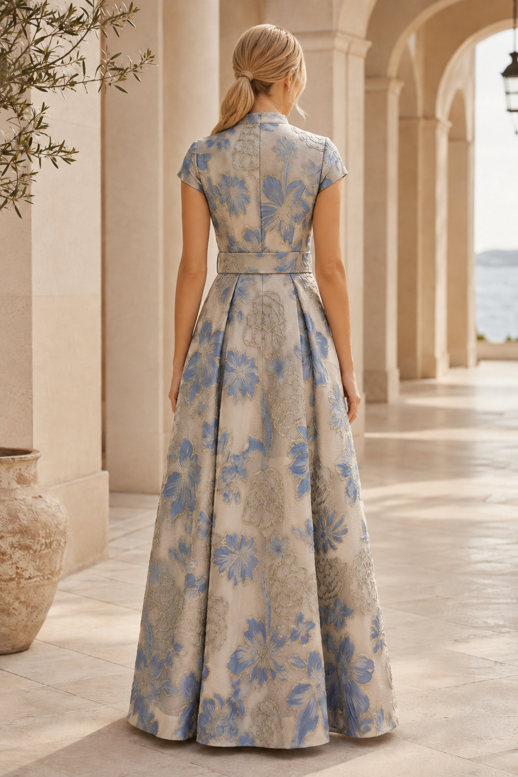 Floral Jacquard A-Line Gown with Belt