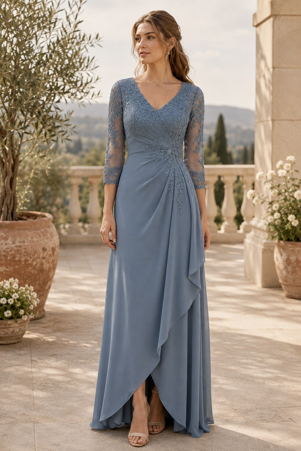 Lace Bodice 3/4 Sleeve Draped Maxi Dress