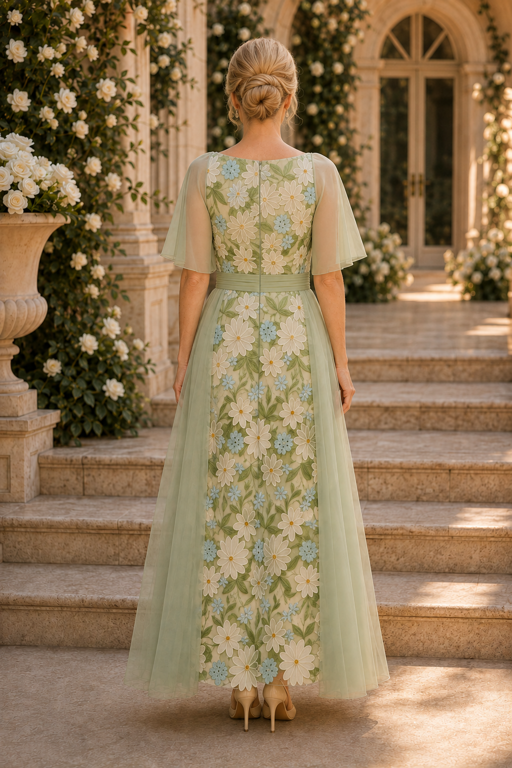 Floral Embroidered Flutter Sleeve A-Line Gown