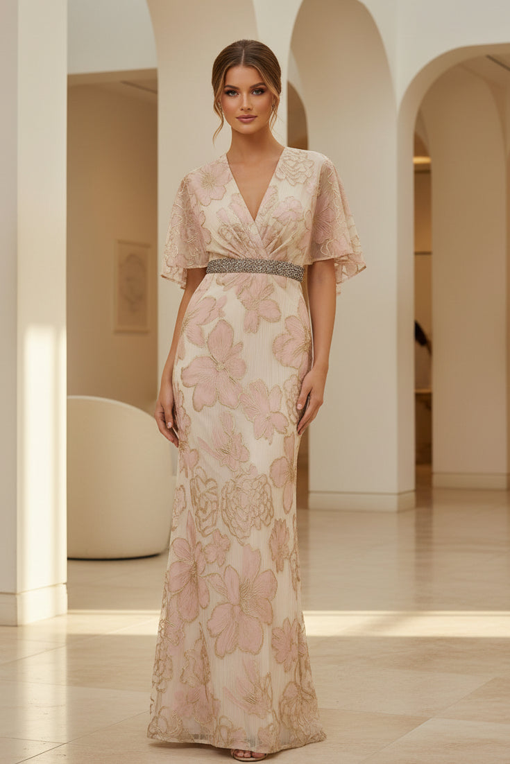 Floral Lace Flutter Sleeve V-Neck Evening Gown