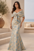 Off-Shoulder Floral Jacquard Mermaid Evening Gown