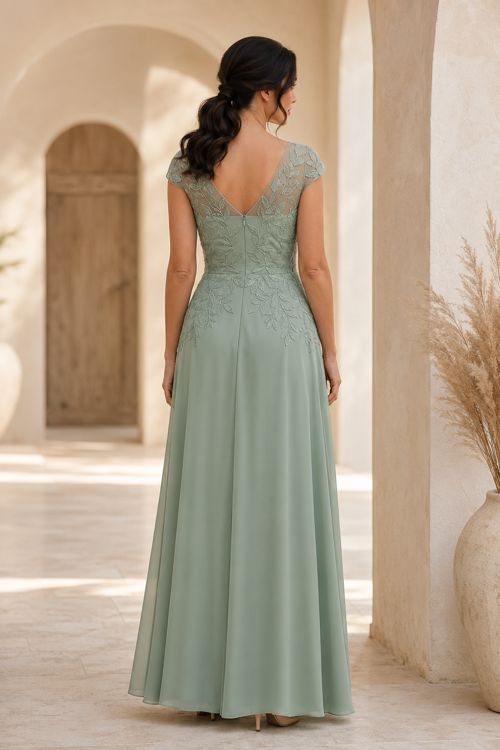 Illusion Neckline A-Line Gown with Leaf Lace Appliques