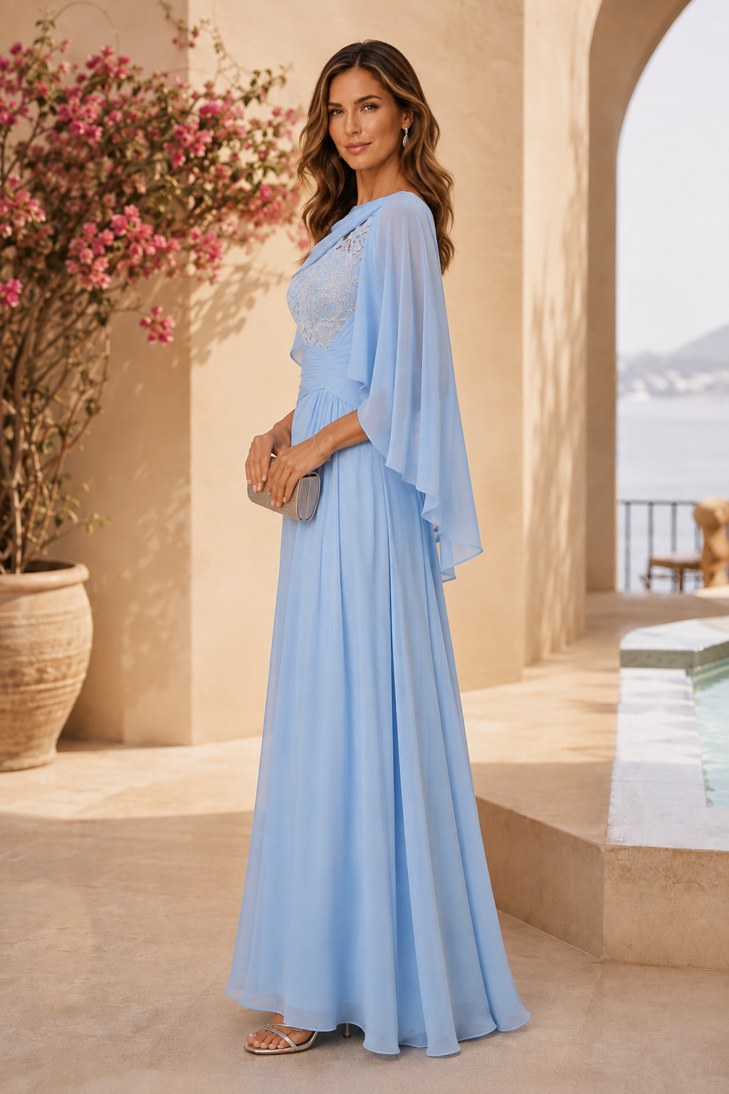 Lace Bodice Chiffon Gown with Asymmetrical Cape