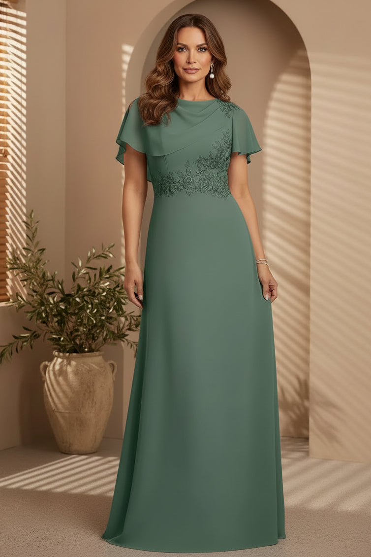 Cape Sleeve Chiffon A-Line Mother of the Bride Dress