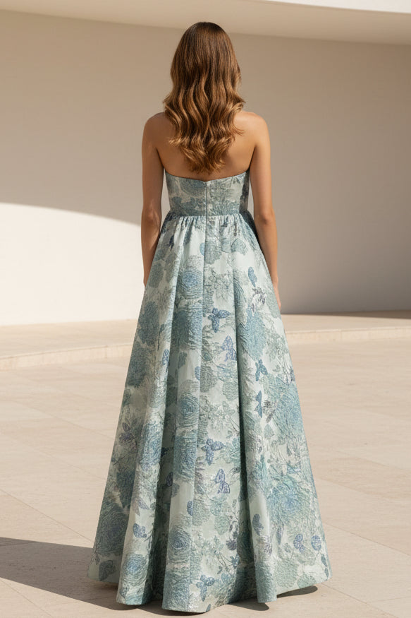 Strapless Jacquard A-Line Gown with Bow Detail
