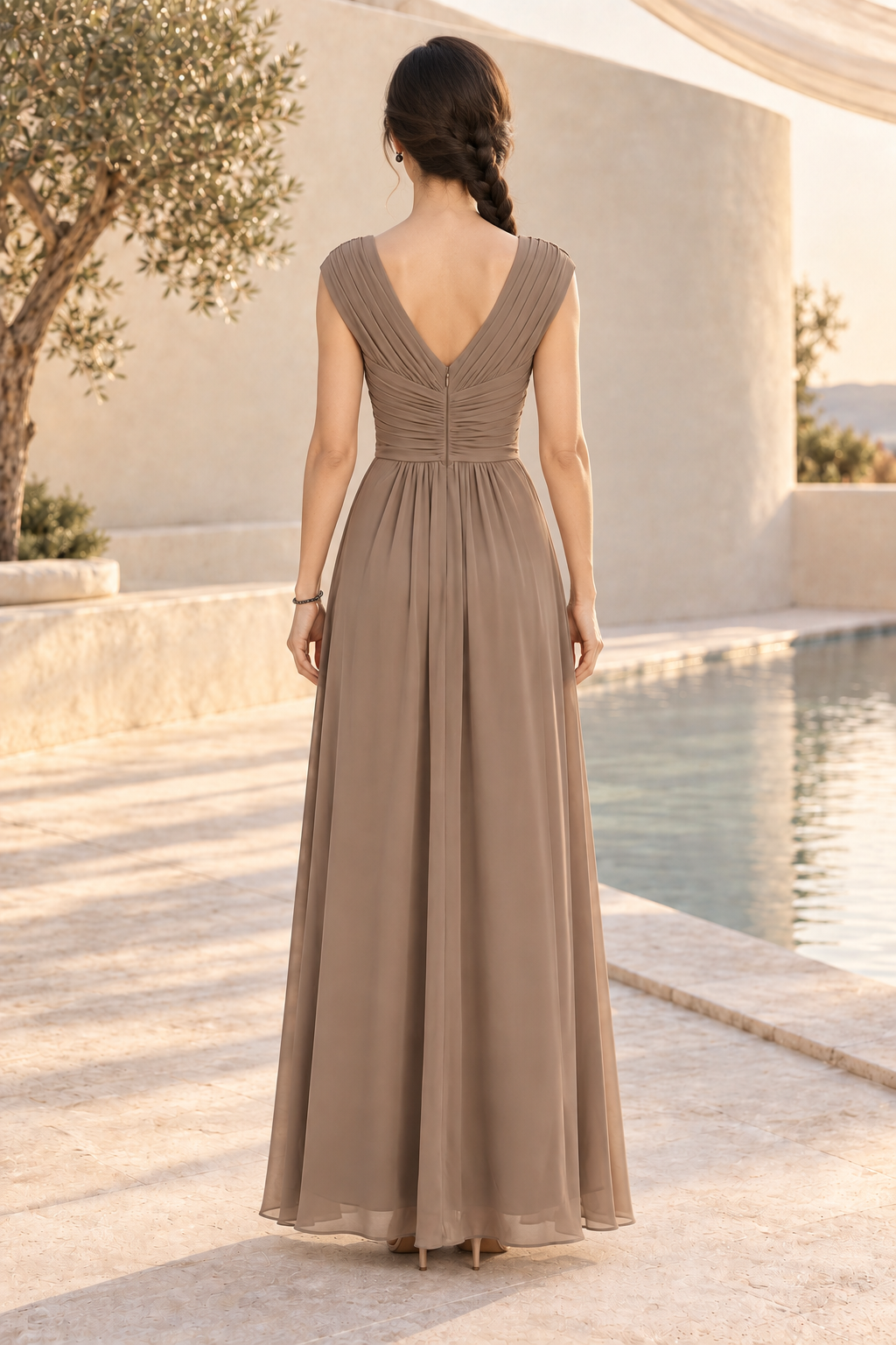 Pleated V-Neck High-Low Gown with Beaded Accent
