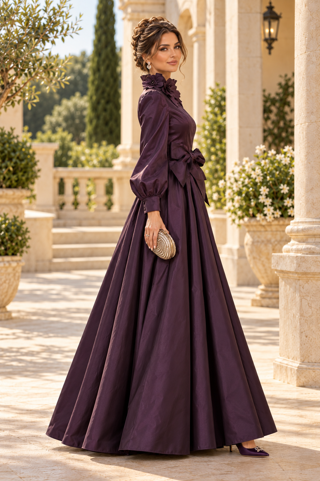 High Neck A-Line Gown with Floral Collar & Bow