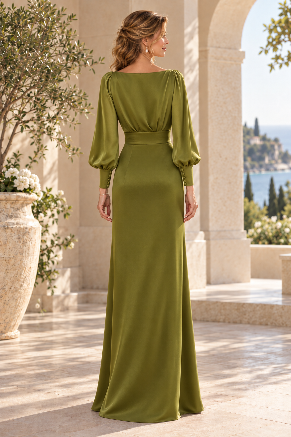 Long Sleeve V-Neck Satin Gown with Fitted Waist