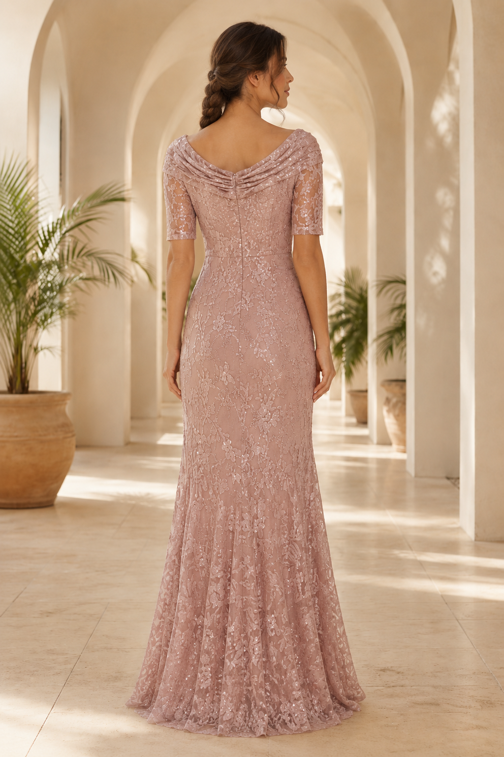Cowl Neck Lace Mermaid Evening Gown