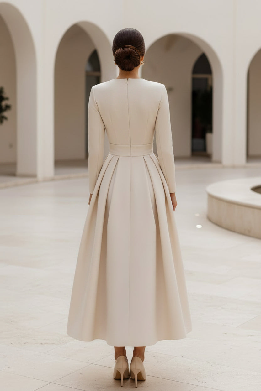 Long Sleeve Deep V Pleated A-Line Midi Dress