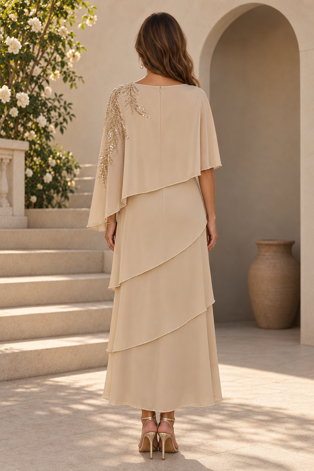 Tiered Capelet Dress with Pearl Trim