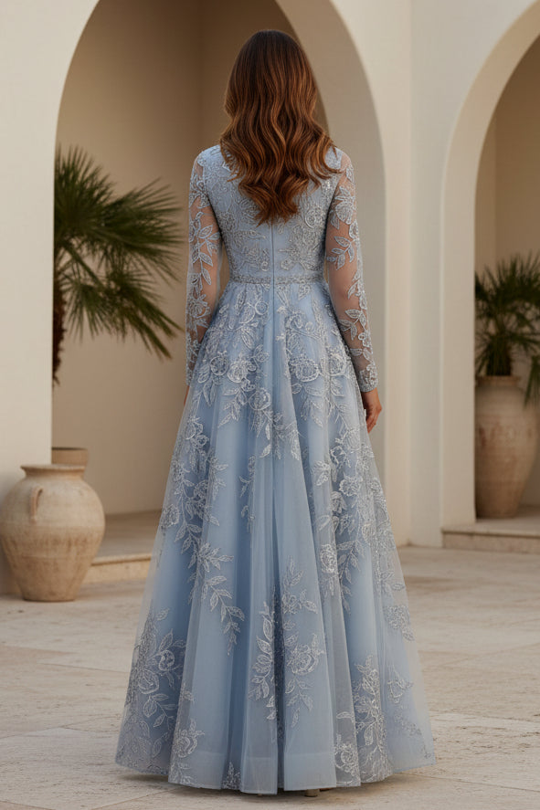 Embroidered Long Sleeve A-Line Evening Gown