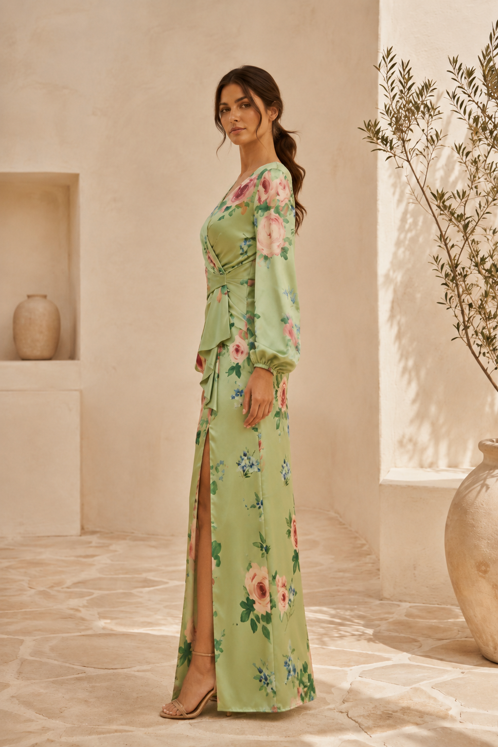 Floral Satin Long Sleeve Maxi Dress with Slit