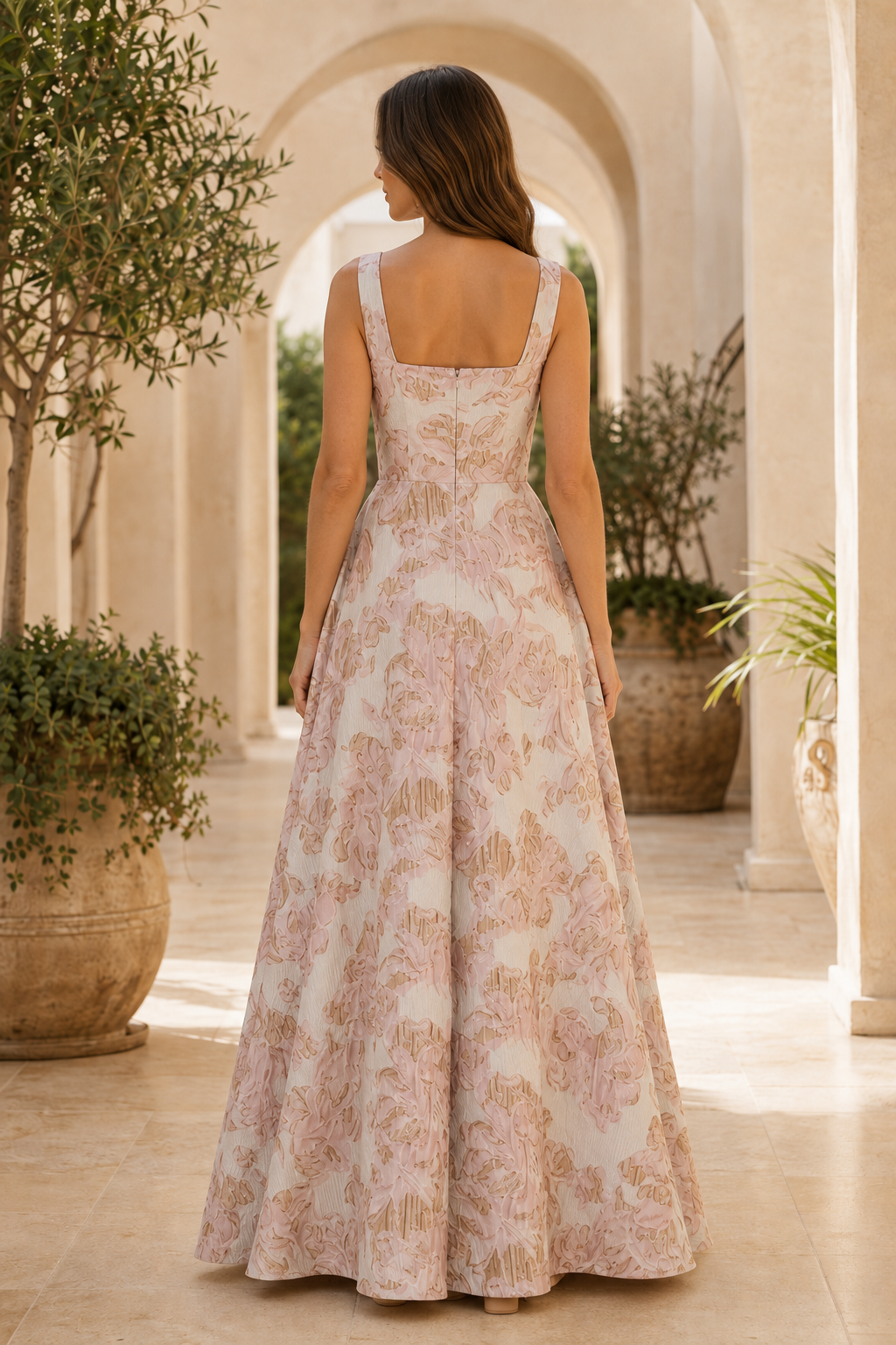 Floral Jacquard A-Line Gown with Square Neck & Ruffle Skirt