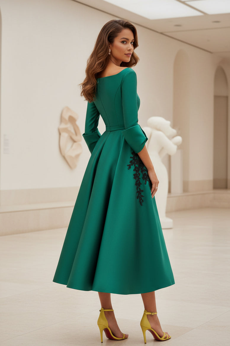 Satin A-Line Midi Dress with Bell Sleeves & Bow
