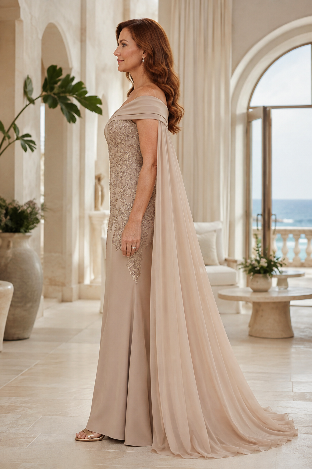 Off-the-Shoulder Lace Sheath Gown with Flowing Cape Sleeves
