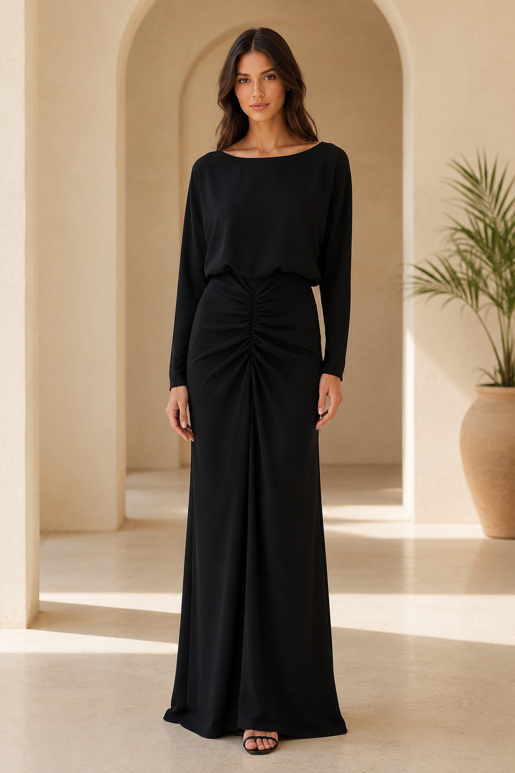 Long Sleeve Ruched Maxi Dress with Keyhole Back