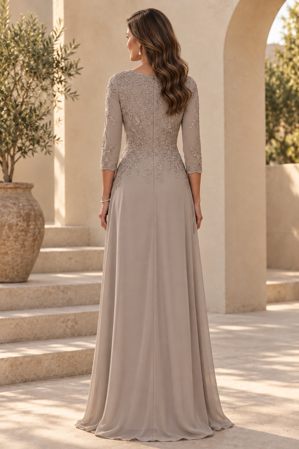 Embroidered Bodice 3/4 Sleeve Cascading Maxi Dress
