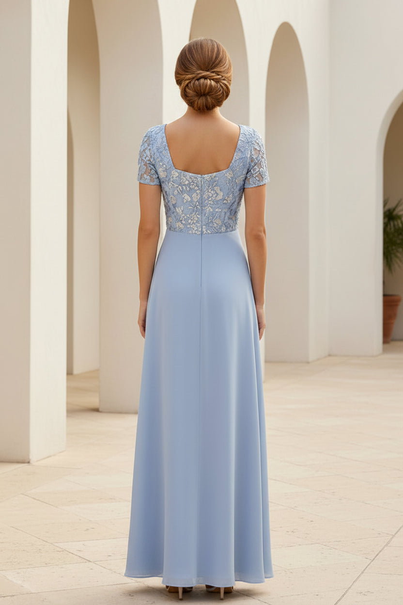 Square Neck Lace Bodice Chiffon A-Line Formal Gown