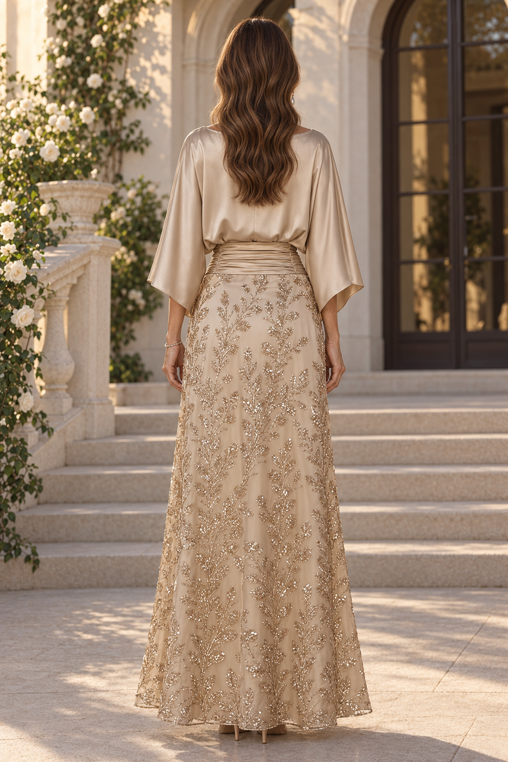 Satin Capelet Bodice Gown with Sequin Skirt