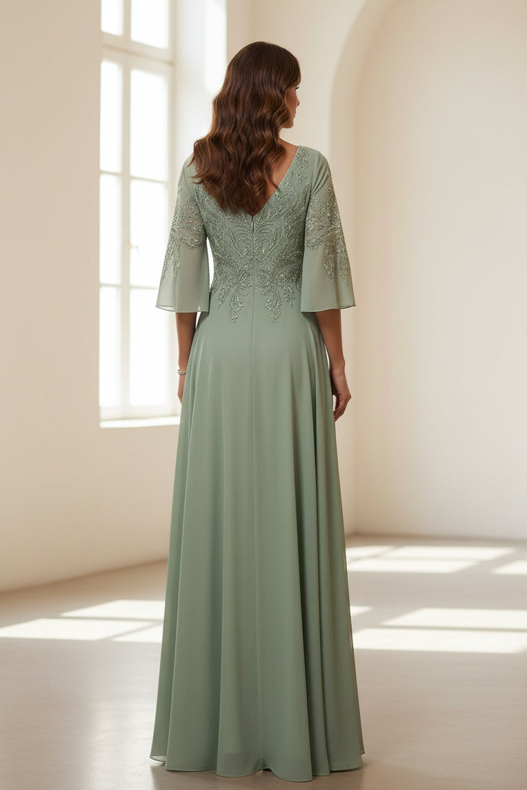 Embroidered V-Neck Chiffon Evening Gown