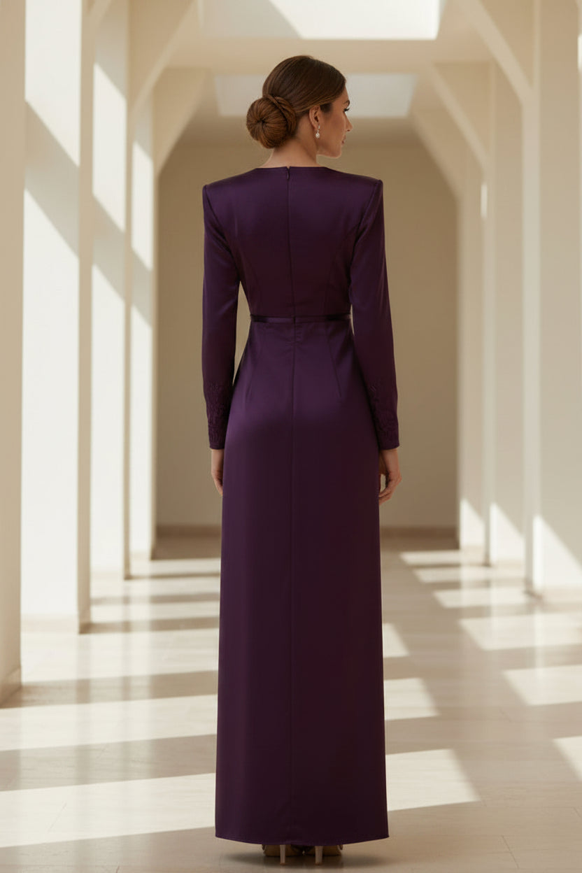 Long Sleeve Satin Evening Gown with High Slit