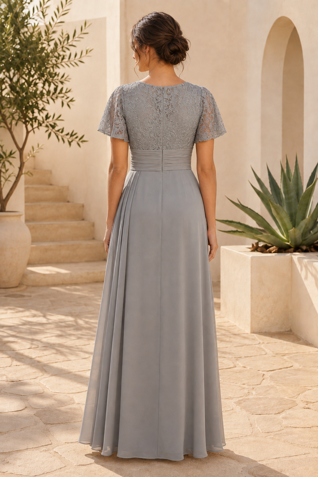 Lace Bodice A-Line Evening Gown with Flutter Sleeves