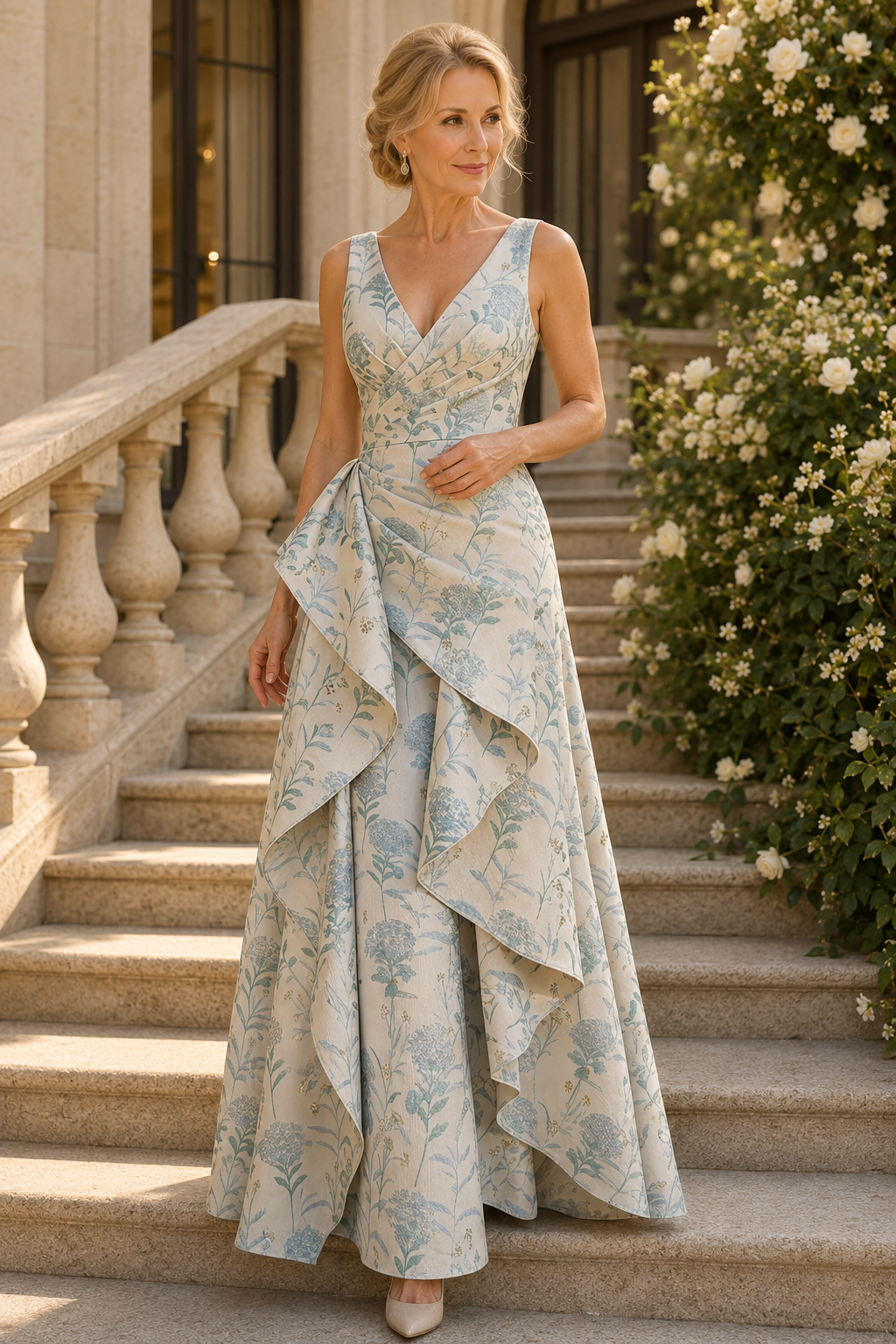 Floral Jacquard V-Neck Gown with Side Draping
