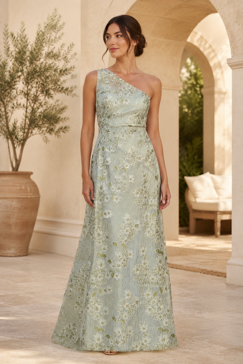 One Shoulder Floral Jacquard A-Line Evening Gown