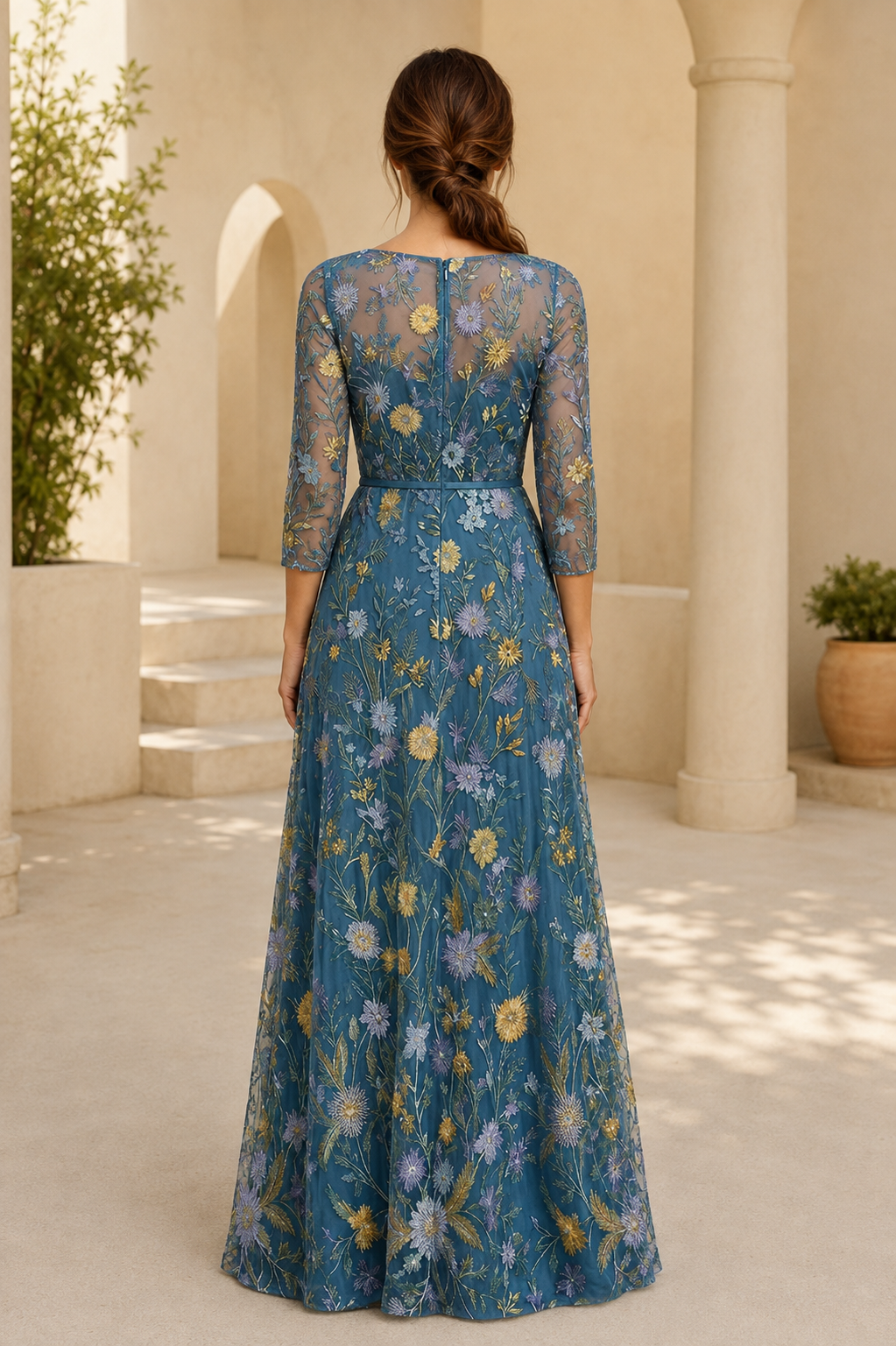 Floral Embroidered Illusion Sleeve A-Line Evening Gown