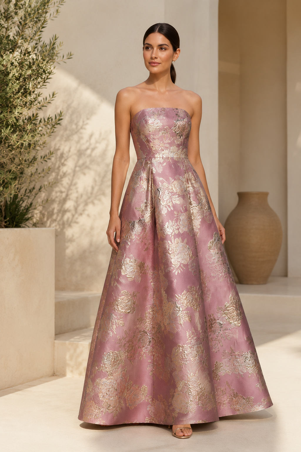 Strapless Floral Jacquard A-Line Evening Gown