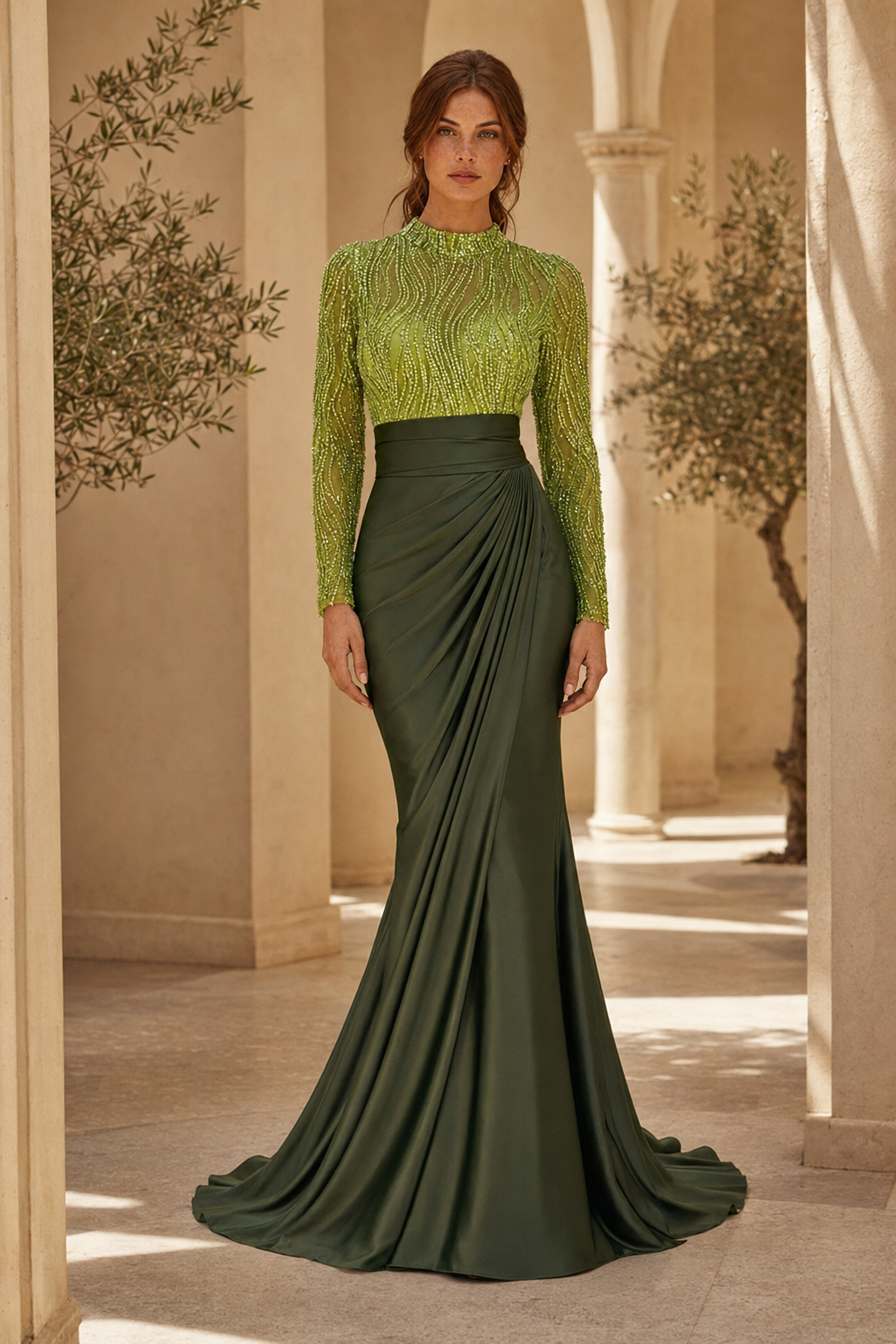Beaded Illusion High-Neck Mermaid Gown