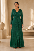 Long-Sleeve Sequin Gown with Draped Front Skirt