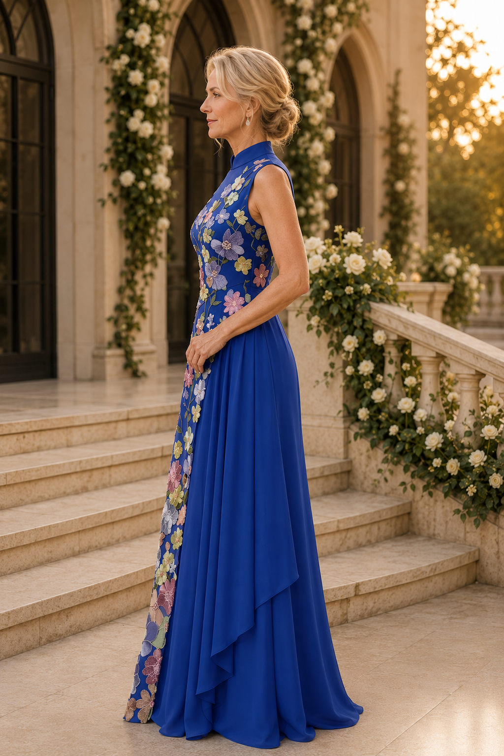 High-Neck Floral Embroidered A-Line Evening Gown