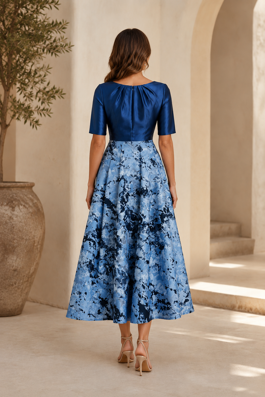 Pleated A-Line Tea-Length Dress with Pockets