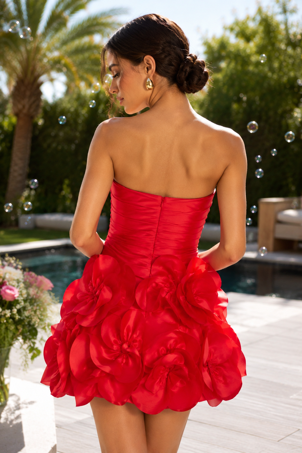 Strapless Ruched Mini Dress with 3D Floral Skirt