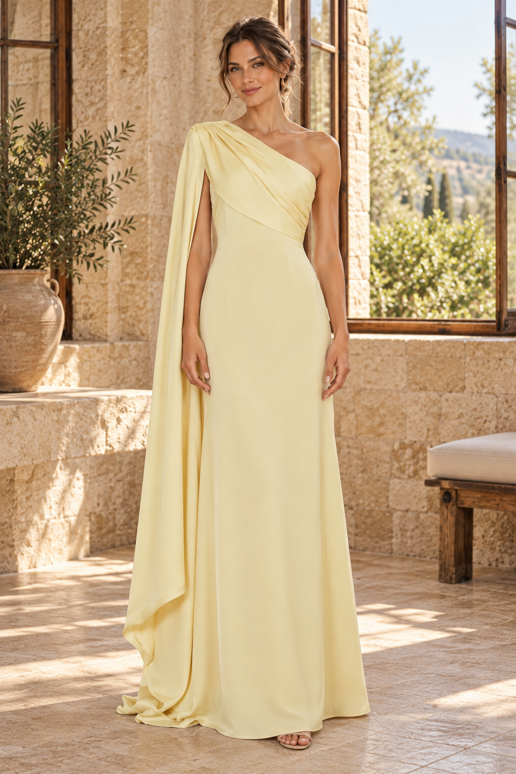 One-Shoulder Cape Sleeve Column Formal Gown