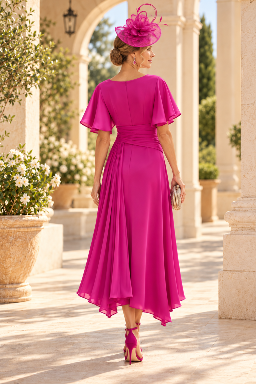 Flutter Sleeve Midi Dress with Floral Waist Detail