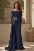 Off-the-Shoulder Floral Appliqué Gown with Drape