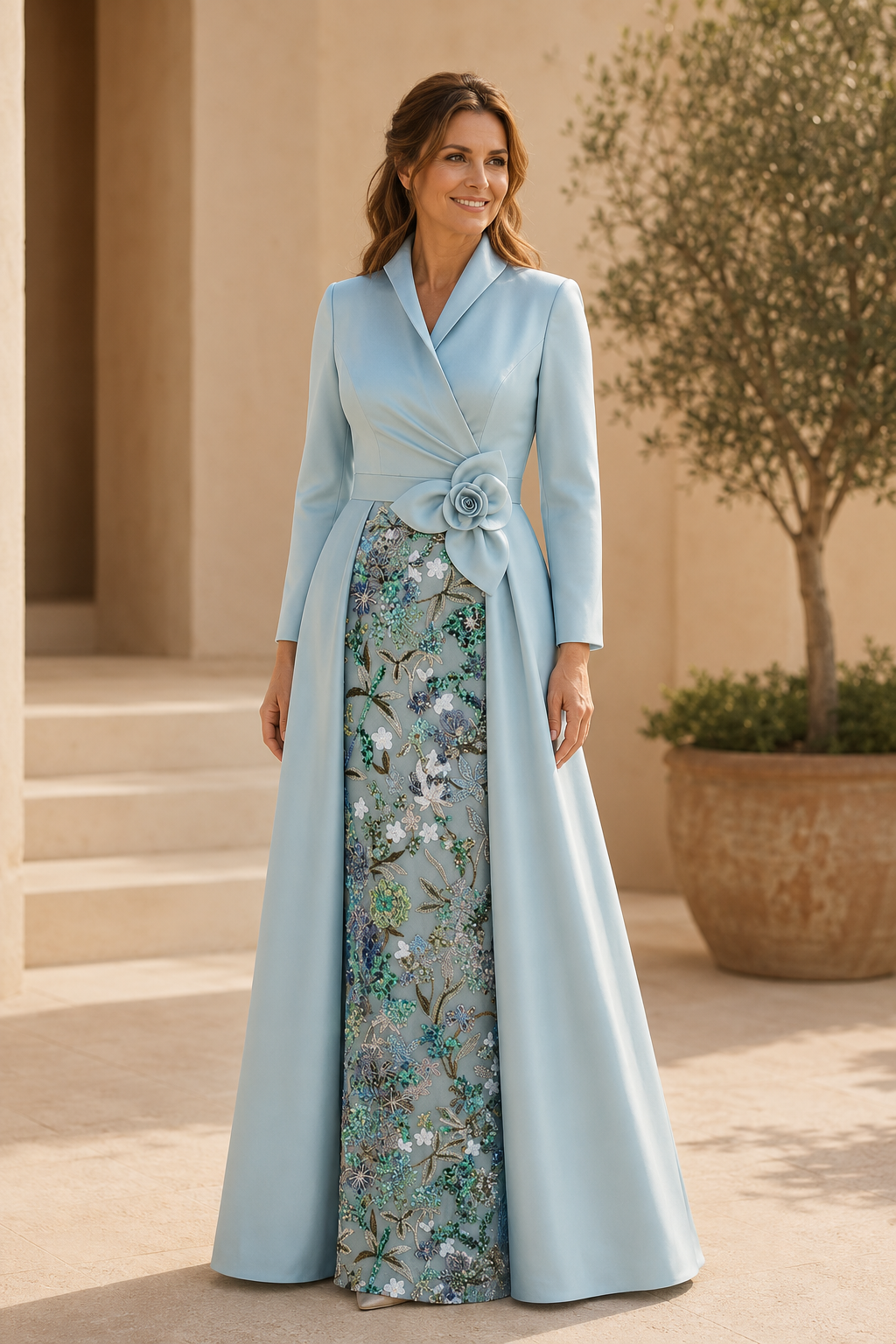 Long Sleeve A-Line Gown with Floral Underlay
