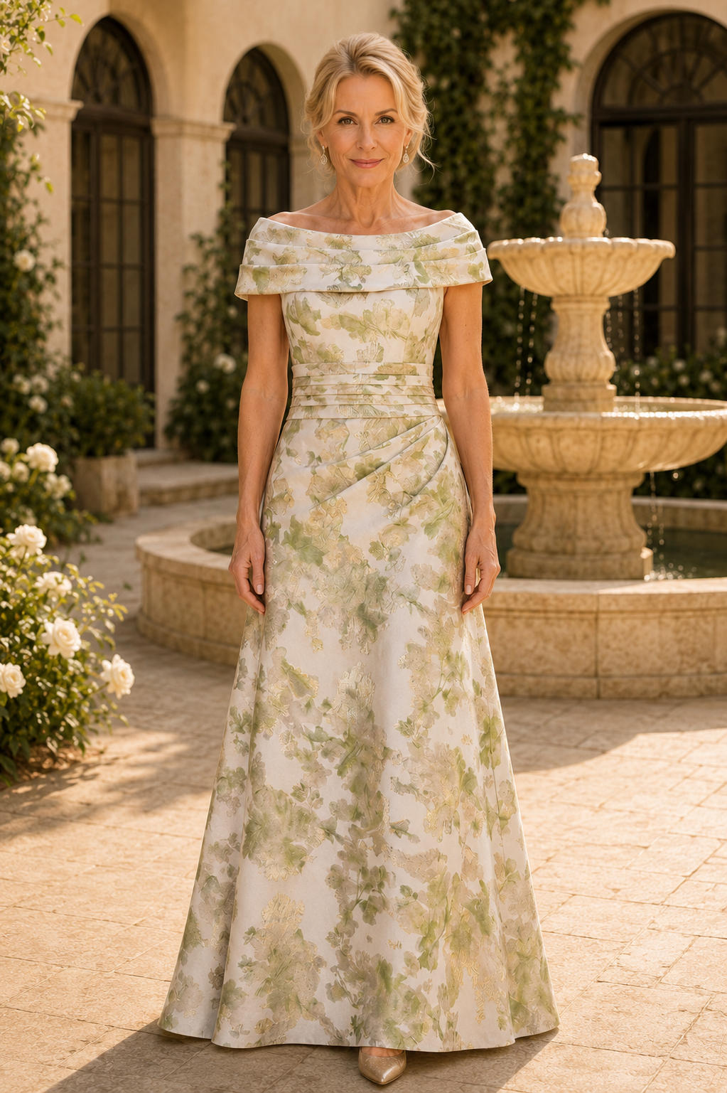 Off-the-Shoulder Pleated Floral A-Line Gown