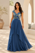 Floral Embroidered A-Line Evening Gown with Cap Sleeves