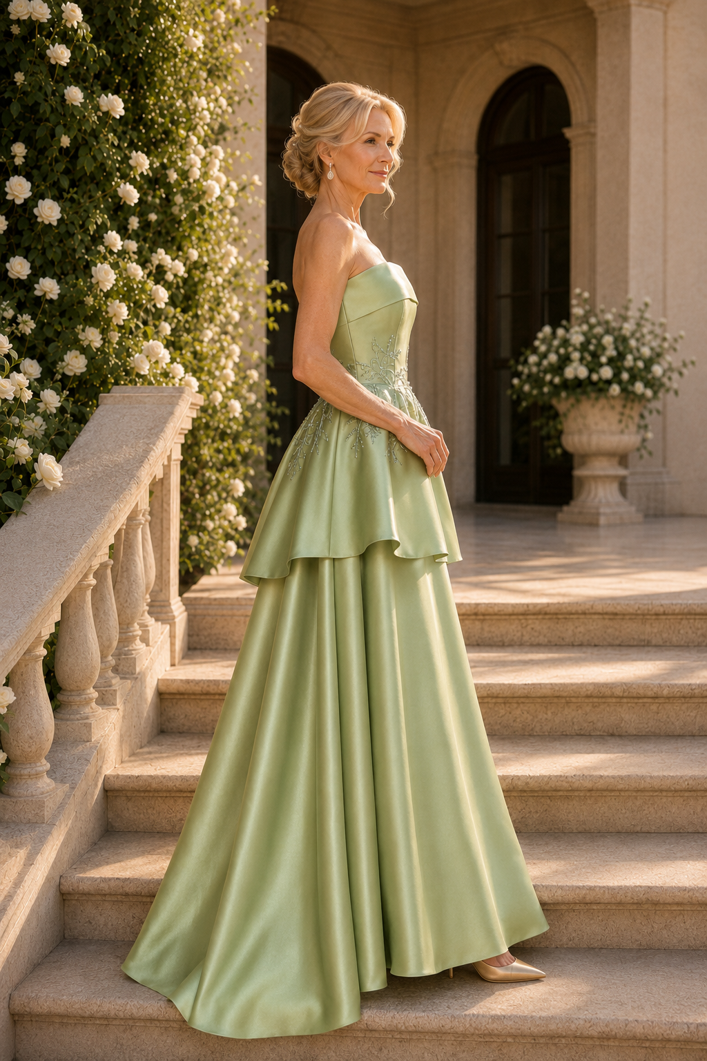 Strapless Tiered Satin Evening Gown with Embroidery