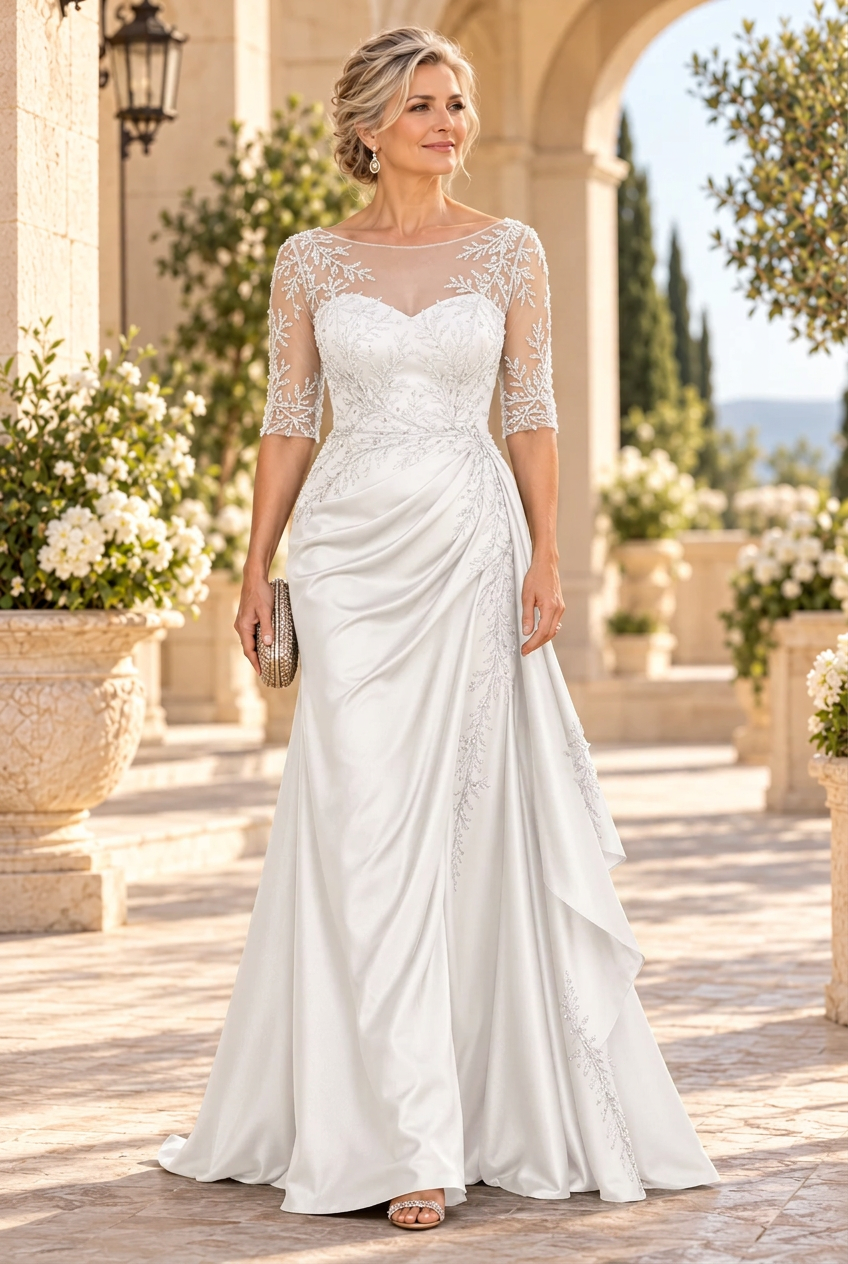 Embroidered Illusion Neckline Satin Gown