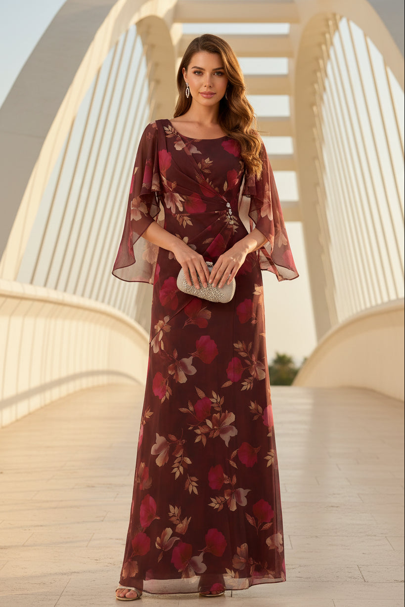 Floral Chiffon Cape Sleeve Floor-Length Gown