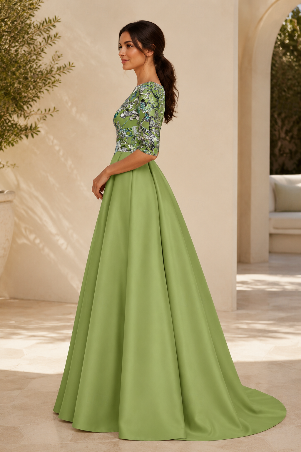 Floral Embroidered Satin A-Line Gown with 3/4 Sleeves