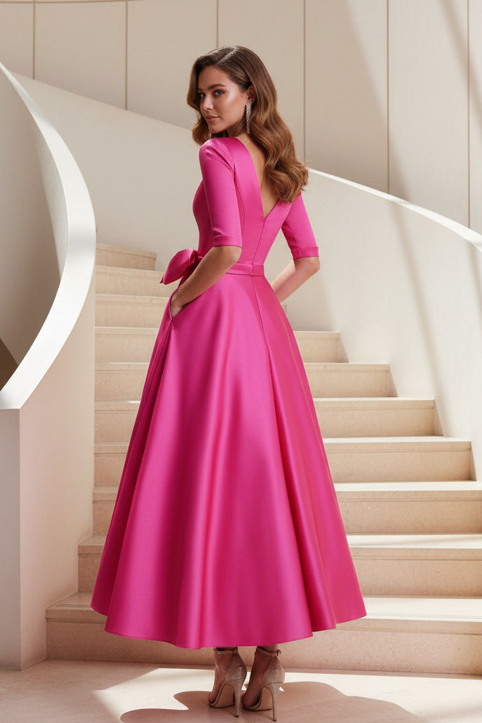 V-Neck Satin A-Line Midi Dress with Bow Belt