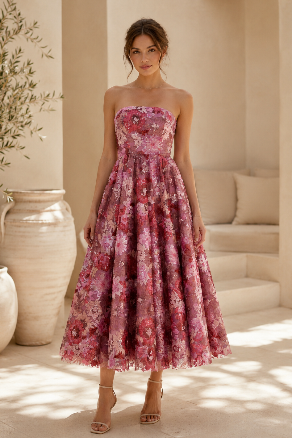 Strapless Floral Embroidered Tea-Length Dress